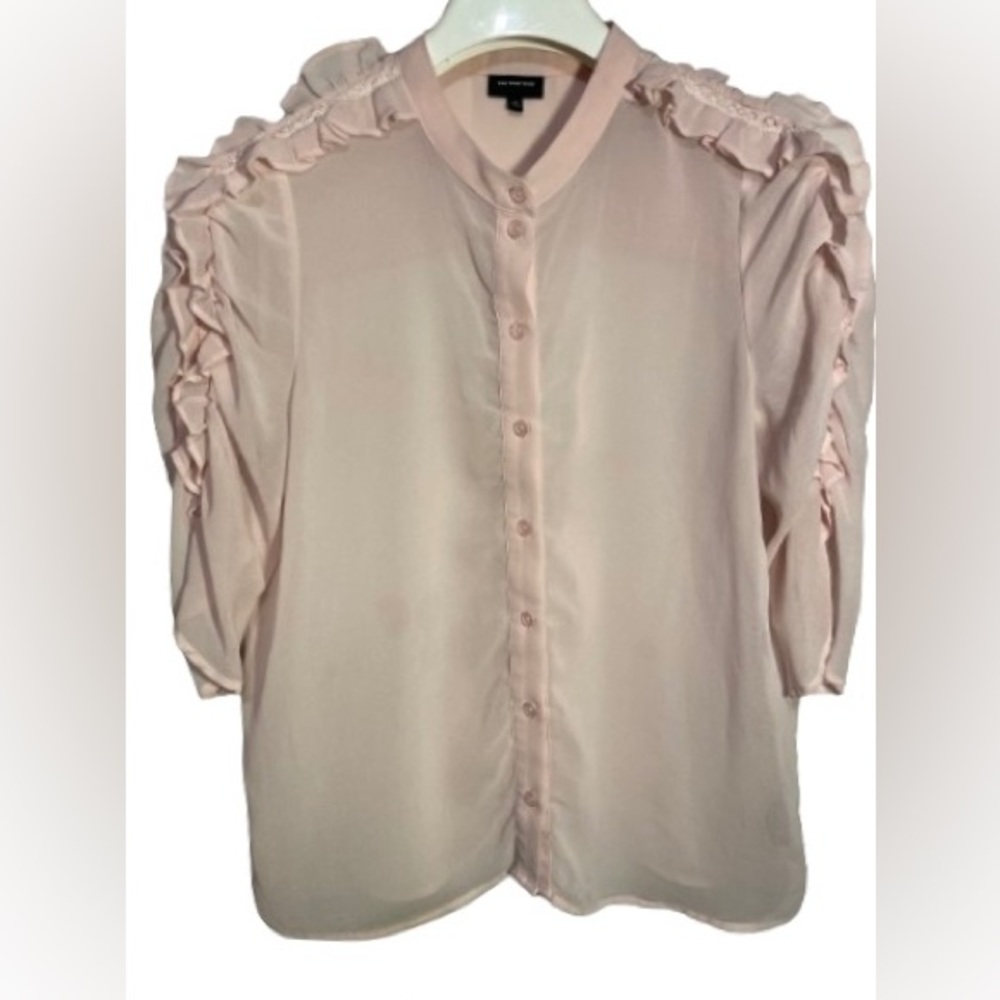 Who What Wear Sheer Pink Lace Ruffled Blouse Size Medium Women Button Down